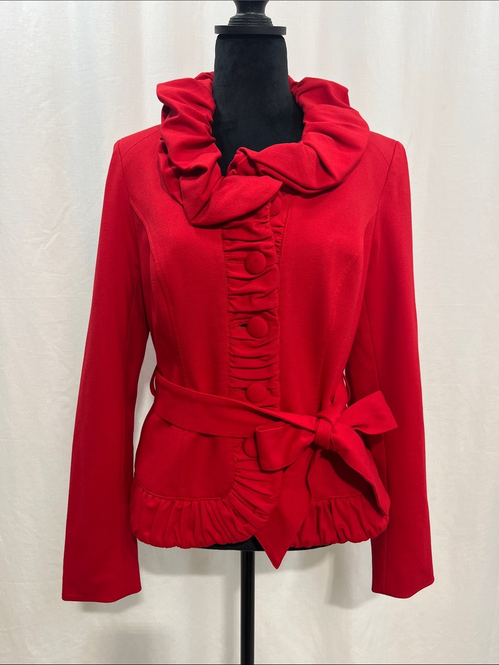 INC International Concepts Ladies Red Ruffle Belted Blazer work party trendy